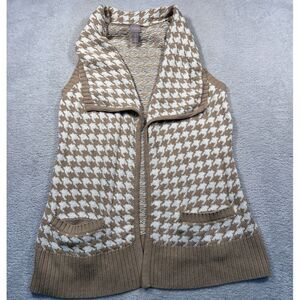 Chico's Cardigan‎ Sweater Vest Womens Size 1 (Medium 8-10) Houndstooth Tan Cream